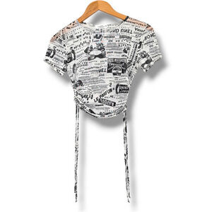 Rebellious Dreamer Newspaper Print Mesh Ruched Crop Top White Black Mens Medium